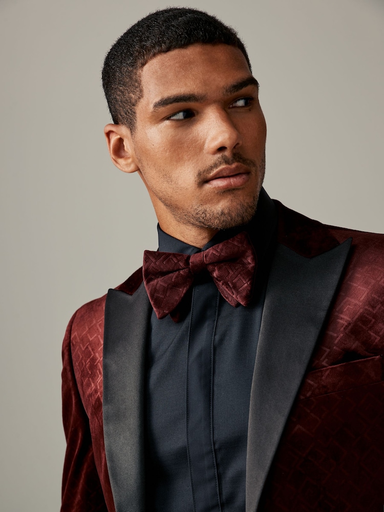 Burgundy Red Patterned Velvet Bow Tie - Image 1 of 6