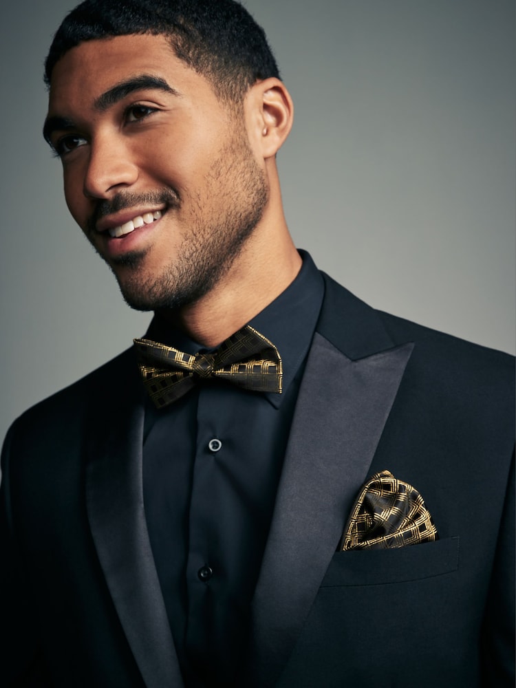 Black/Gold Glitter Geometric Bow Tie And Pocket Square Set - Image 1 of 8