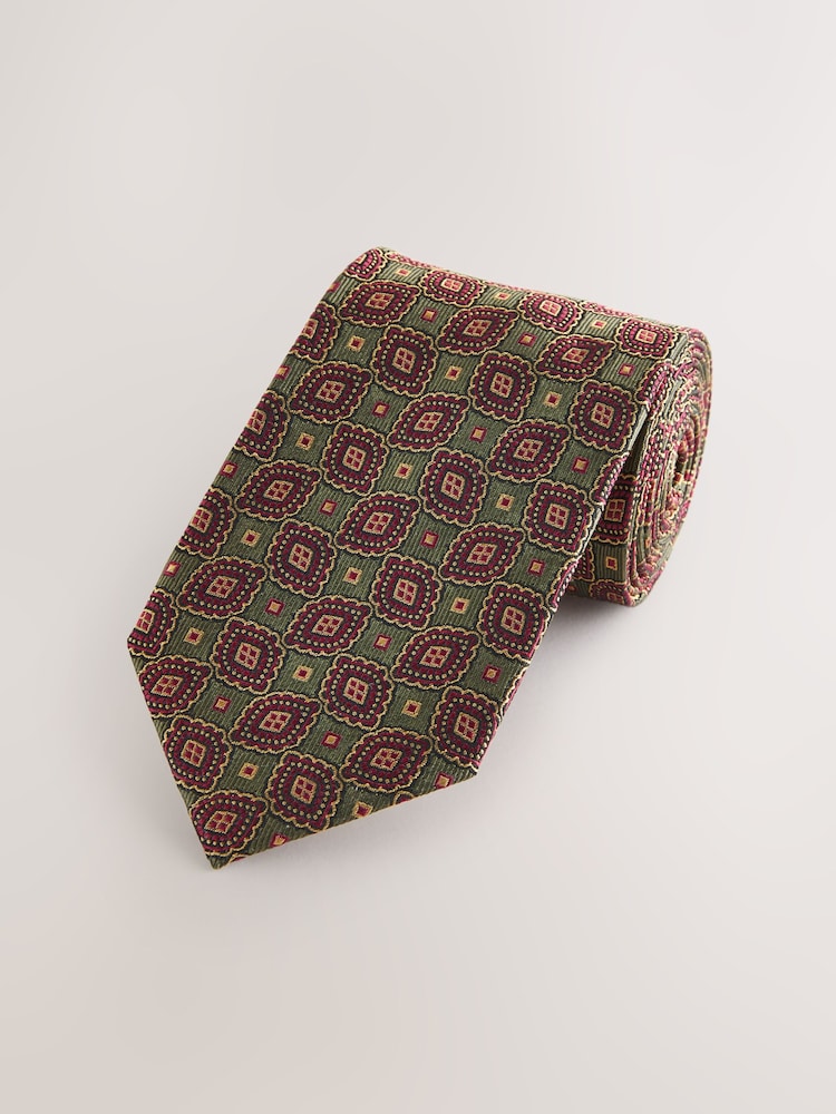 Olive Green Medallion Silk Design Tie - Image 1 of 3