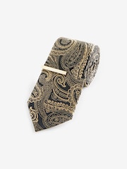 Black/Yellow Gold Paisley Slim Design Tie And Clip - Image 1 of 3