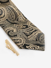 Black/Yellow Gold Paisley Slim Design Tie And Clip - Image 2 of 3