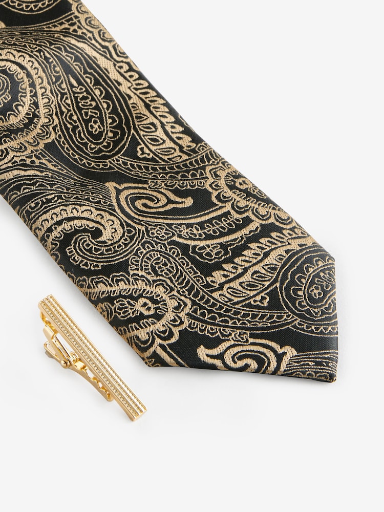 Black/Yellow Gold Paisley Slim Design Tie And Clip - Image 2 of 3