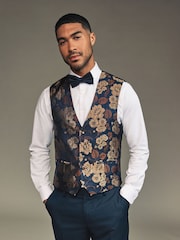 Navy Blue/Gold Floral Regular Fit Occasion Waistcoat - Image 1 of 9