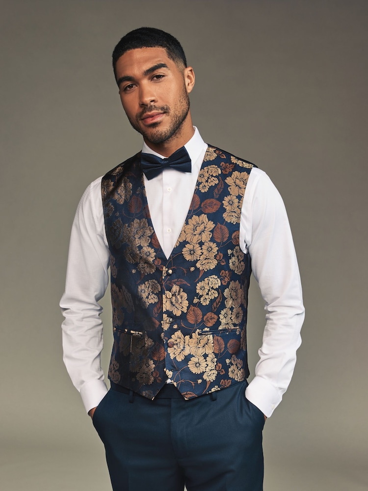 Navy Blue/Gold Floral Regular Fit Occasion Waistcoat - Image 1 of 9