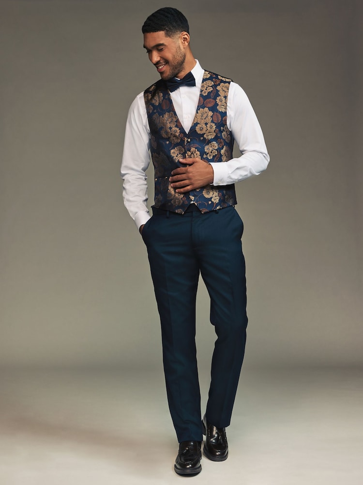 Navy Blue/Gold Floral Regular Fit Occasion Waistcoat - Image 2 of 9