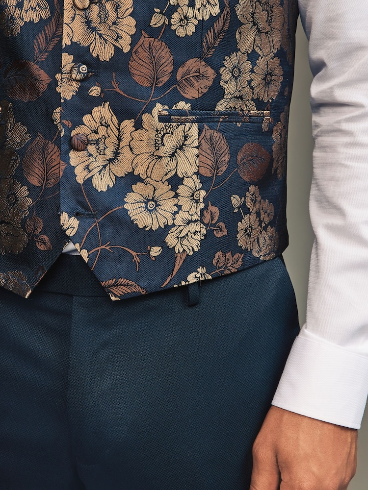 Navy Blue/Gold Floral Regular Fit Occasion Waistcoat - Image 5 of 9