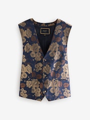 Navy Blue/Gold Floral Regular Fit Occasion Waistcoat - Image 6 of 9