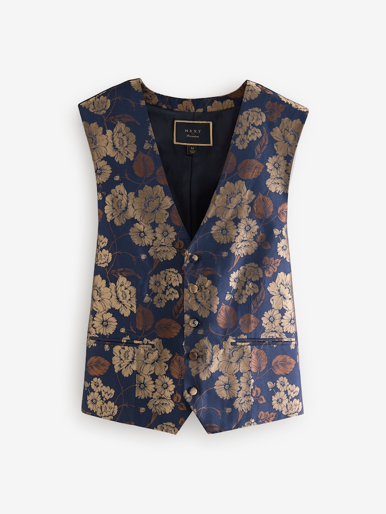 Navy Blue/Gold Floral Regular Fit Occasion Waistcoat - Image 6 of 9