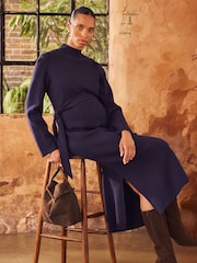 JoJo Maman Bébé Navy Blue Belted Knit Midi Maternity Dress - Image 1 of 8