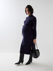 JoJo Maman Bébé Navy Blue Belted Knit Midi Maternity Dress - Image 2 of 8