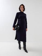 JoJo Maman Bébé Navy Blue Belted Knit Midi Maternity Dress - Image 3 of 8