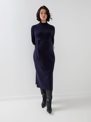 JoJo Maman Bébé Navy Blue Belted Knit Midi Maternity Dress - Image 5 of 8
