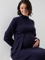 JoJo Maman Bébé Navy Blue Belted Knit Midi Maternity Dress - Image 7 of 8