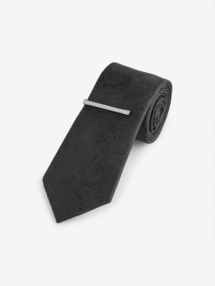 Black Glitter Paisley Slim Design Tie And Tie Clip - Image 2 of 4