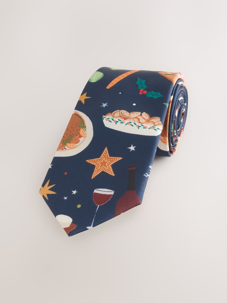 Navy Blue Slim Christmas Design Tie - Image 1 of 3
