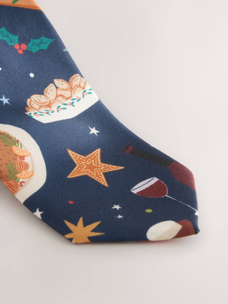 Navy Blue Slim Christmas Design Tie - Image 2 of 3