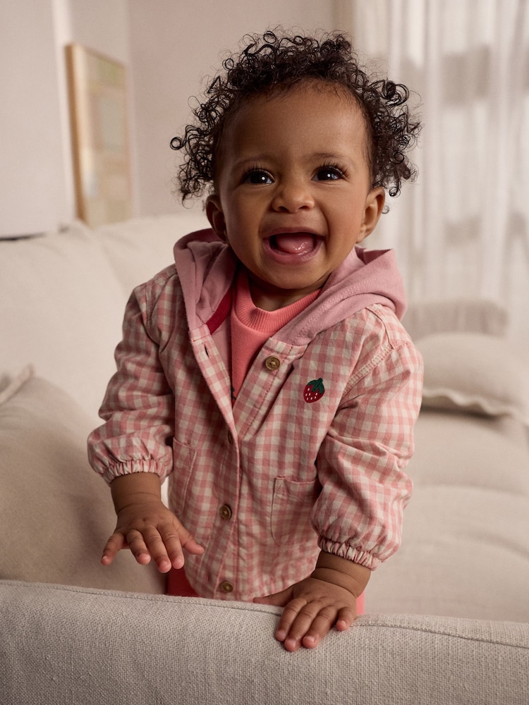 Pink - Gingham Strawberry Hooded Baby 100% Cotton Jacket (0mths-2yrs) - Image 2 of 10 Pink - Gingham Strawberry Hooded Baby 100% Cotton Jacket (0mths-2yrs) - Image 2 of 10