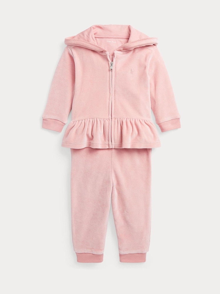Polo Ralph Lauren Baby Pink Velour Hoodie & Jogger Pant Set - Image 1 of 2