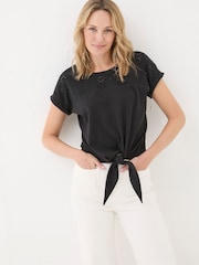 FatFace Black Broderie Tie Front T-Shirt - Image 1 of 5