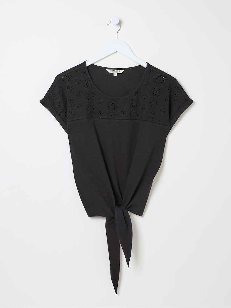 FatFace Black Broderie Tie Front T-Shirt - Image 5 of 5