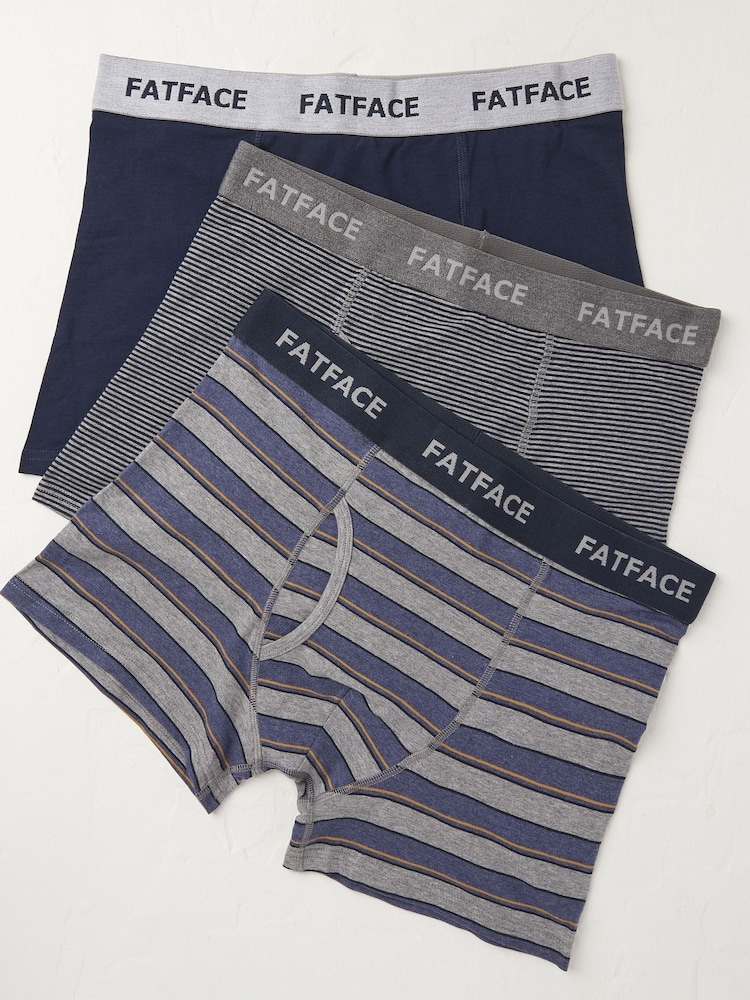 FatFace Navy Blue/Grey Stripe Cotton Boxers 3 Pack - Image 1 of 1