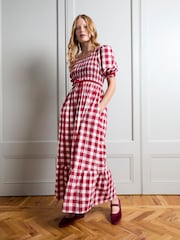 JoJo Maman Bébé Red Check Puff Sleeve Shirred Midaxi Dress - Image 1 of 5