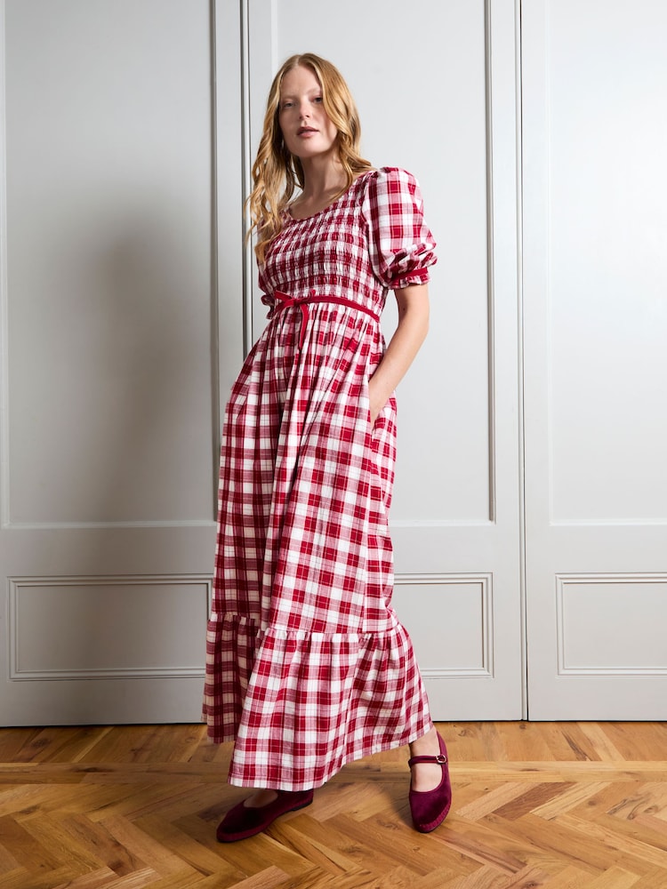 JoJo Maman Bébé Red Check Puff Sleeve Shirred Midaxi Dress - Image 1 of 5 JoJo Maman Bébé Red Check Puff Sleeve Shirred Midaxi Dress - Image 1 of 5