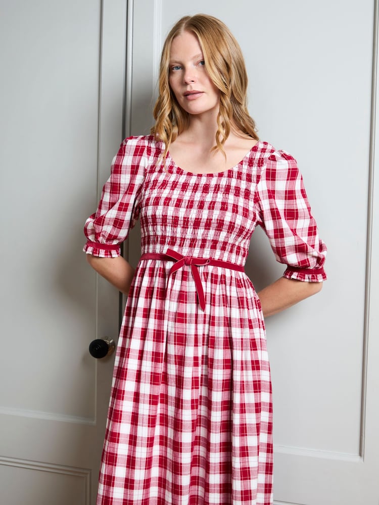 JoJo Maman Bébé Red Check Puff Sleeve Shirred Midaxi Dress - Image 2 of 5 JoJo Maman Bébé Red Check Puff Sleeve Shirred Midaxi Dress - Image 2 of 5