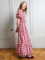 JoJo Maman Bébé Red Check Puff Sleeve Shirred Midaxi Dress - Image 3 of 5