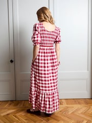JoJo Maman Bébé Red Check Puff Sleeve Shirred Midaxi Dress - Image 4 of 5
