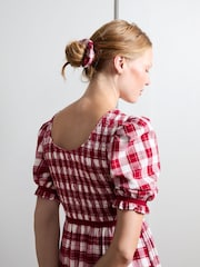 JoJo Maman Bébé Red Check Puff Sleeve Shirred Midaxi Dress - Image 5 of 5