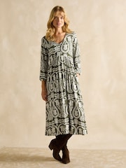 Joules Nia Khaki Green V-Neck Long Sleeve Midaxi Dress - Image 1 of 6
