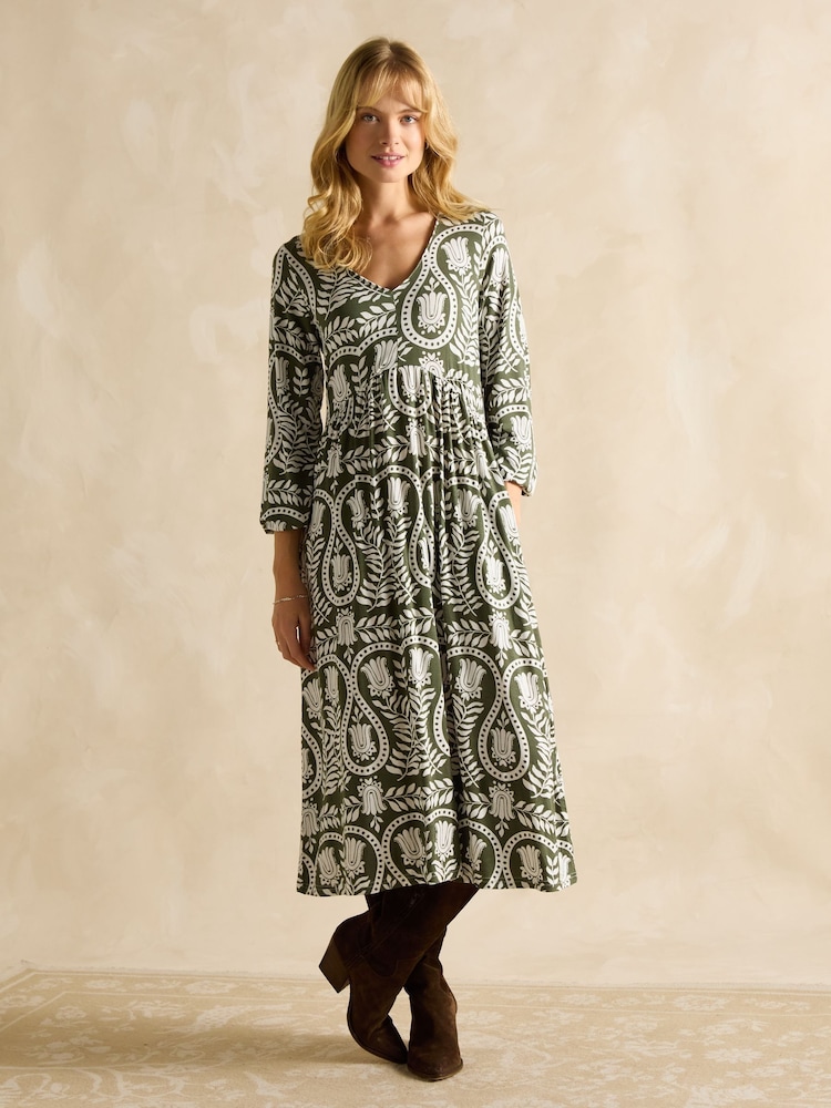 Joules Nia Khaki Green V-Neck Long Sleeve Midaxi Dress - Image 1 of 6