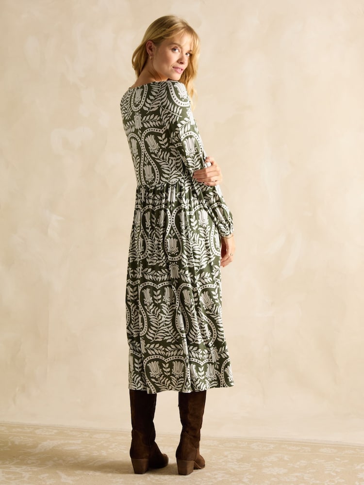 Joules Nia Khaki Green V-Neck Long Sleeve Midaxi Dress - Image 2 of 6