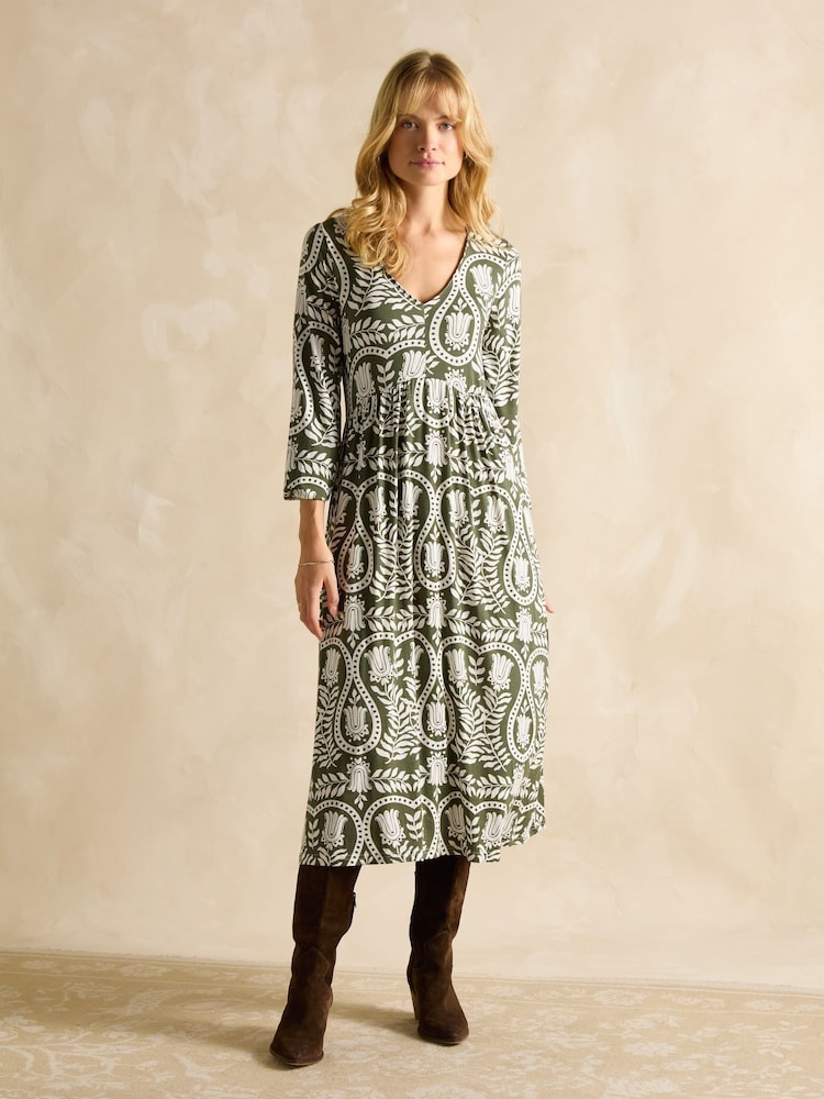 Joules Nia Khaki Green V-Neck Long Sleeve Midaxi Dress - Image 3 of 6
