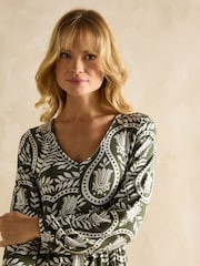 Joules Nia Khaki Green V-Neck Long Sleeve Midaxi Dress - Image 4 of 6