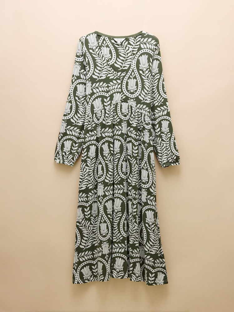 Joules Nia Khaki Green V-Neck Long Sleeve Midaxi Dress - Image 6 of 6