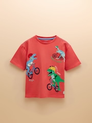 Joules Archie Red Dinosaur Cotton Short Sleeve Applique T-Shirt - Image 1 of 6