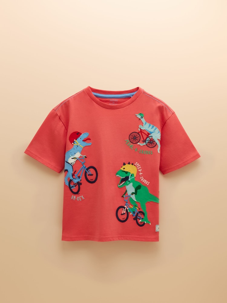 Joules Archie Red Dinosaur Cotton Short Sleeve Applique T-Shirt - Image 1 of 6