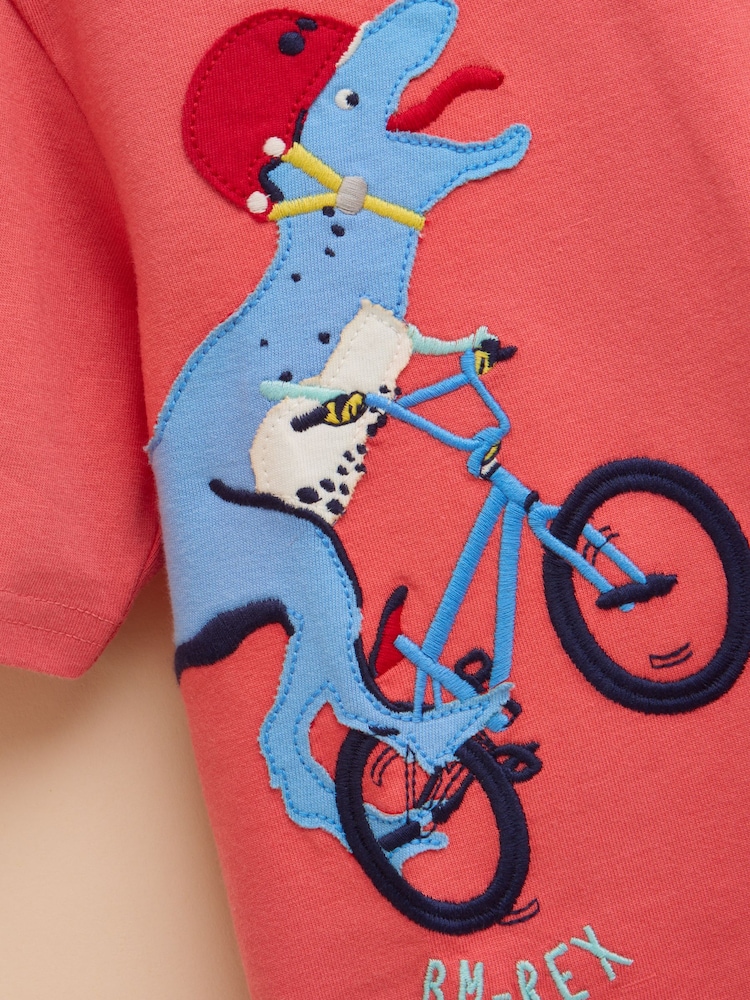 Joules Archie Red Dinosaur Cotton Short Sleeve Applique T-Shirt - Image 3 of 6