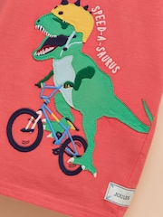 Joules Archie Red Dinosaur Cotton Short Sleeve Applique T-Shirt - Image 4 of 6