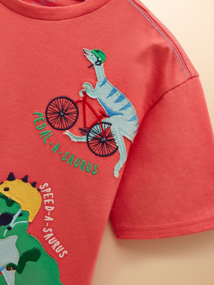 Joules Archie Red Dinosaur Cotton Short Sleeve Applique T-Shirt - Image 6 of 6