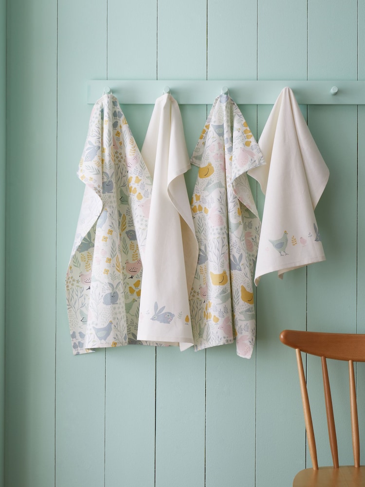 Catherine Lansfield Natural Cottage Friends 100% Cotton Tea Towels 4 Pack - Image 1 of 3
