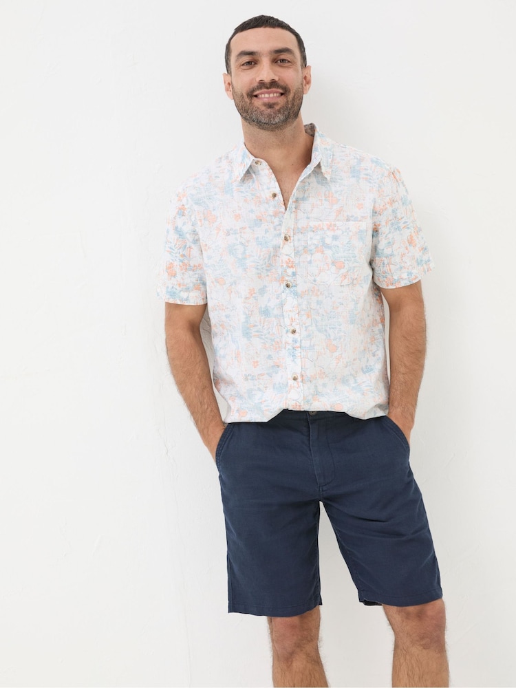 FatFace Blue Linen Flat Front Chino Shorts - Image 1 of 5 FatFace Blue Linen Flat Front Chino Shorts - Image 1 of 5