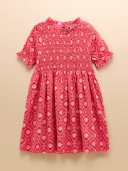 Joules Gracie Pink Shell Print Short Sleeve Shirred Dress - Image 1 of 4