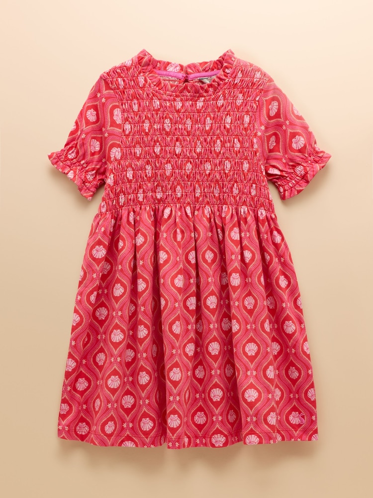 Joules Gracie Pink Shell Print Short Sleeve Shirred Dress - Image 1 of 4