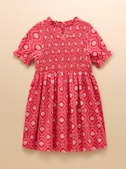 Joules Gracie Pink Shell Print Short Sleeve Shirred Dress - Image 2 of 4