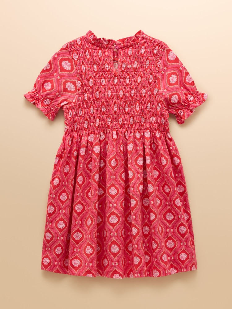 Joules Gracie Pink Shell Print Short Sleeve Shirred Dress - Image 2 of 4