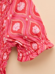 Joules Gracie Pink Shell Print Short Sleeve Shirred Dress - Image 4 of 4