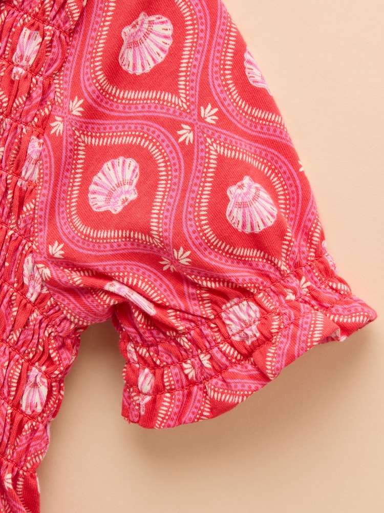 Joules Gracie Pink Shell Print Short Sleeve Shirred Dress - Image 4 of 4